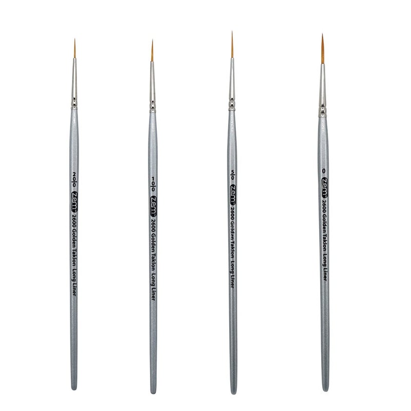 ZEM Brush Golden Taklon Multi Media Long Liner Artist Brush Set 20/0, 10/0, 5/0, 0 - Image 1